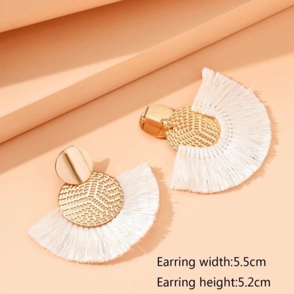 Bohemian Gold & White Fringe Fan Earrings - Picture 3 of 3